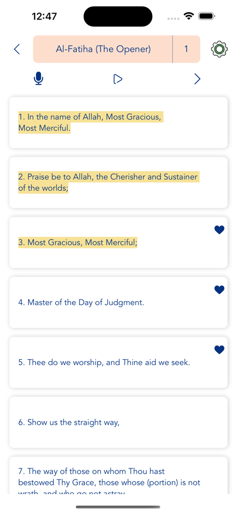 Interface of the Holy Quran Yusuf app displaying the English translation of Surah Al-Fatiha.