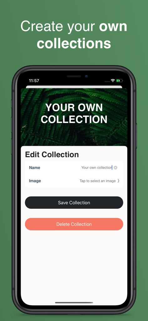 MindGarden: Daily Affirmations - Interfaz de la aplicación MindGarden mostrando la pantalla de edición de colecciones para personalizar categorías de afirmaciones con nombres e imágenes personalizadas.