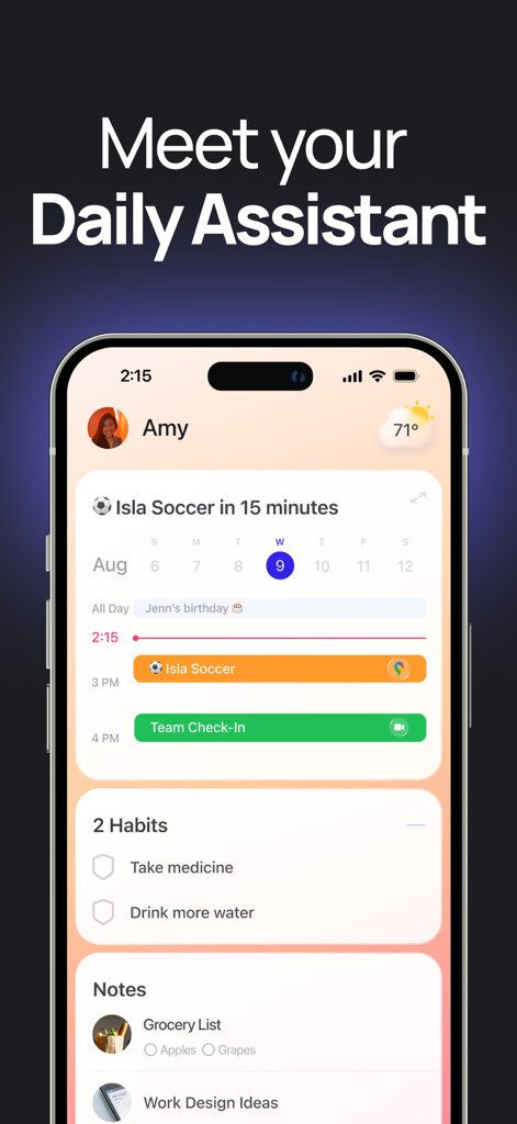 Hero Assistant app interface showing daily calendar habits and notes sections