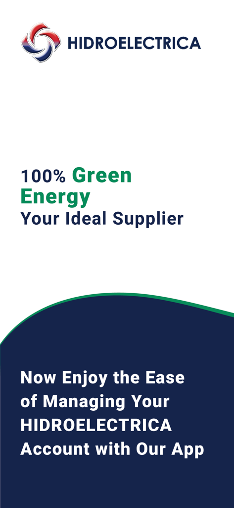 Welcome screen of the iHidro app promoting 100 percent green energy and account management