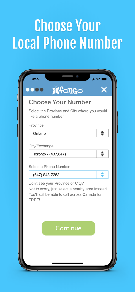 Fongo World Edition - Fongo World Editionでカナダのローカル電話番号を選択する画面。