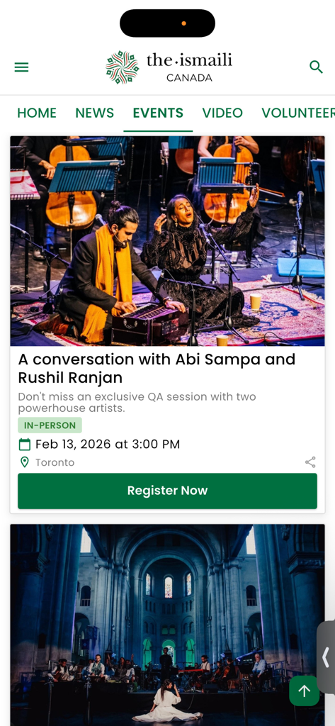 iiCanada - The events screen of the iiCanada app highlighting a community event with musical performers.
