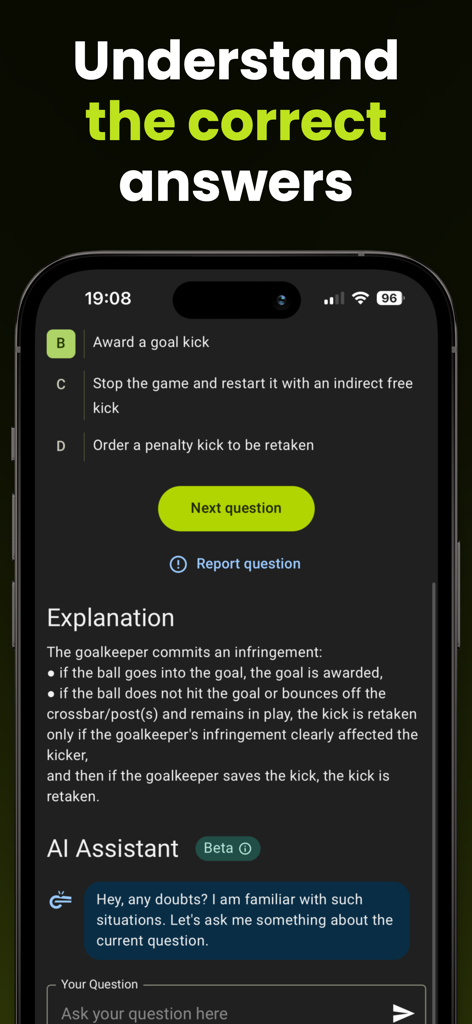 RefereeWise app interface showing a soccer rule explanation and AI assistant for referee certification study.