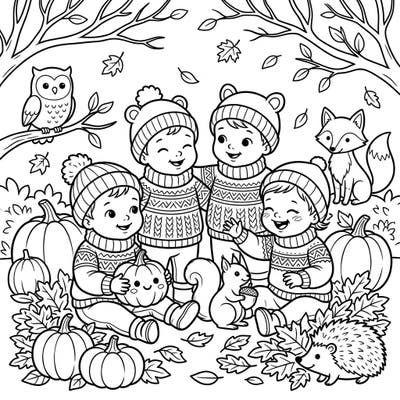 Welcome the beauty of fall with this charming coloring page featuring adorable babies dressed in cozy autumn wear. They're enjoying the season alongside their cute woodland animal friends, surrounded by pumpkins and fallen leaves.