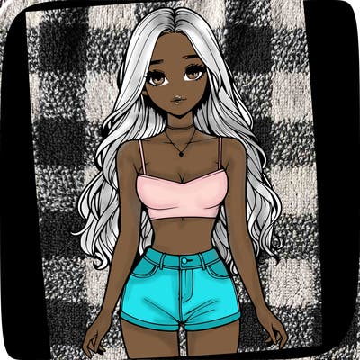a realistic girl with long hair and in a crop top and shprts