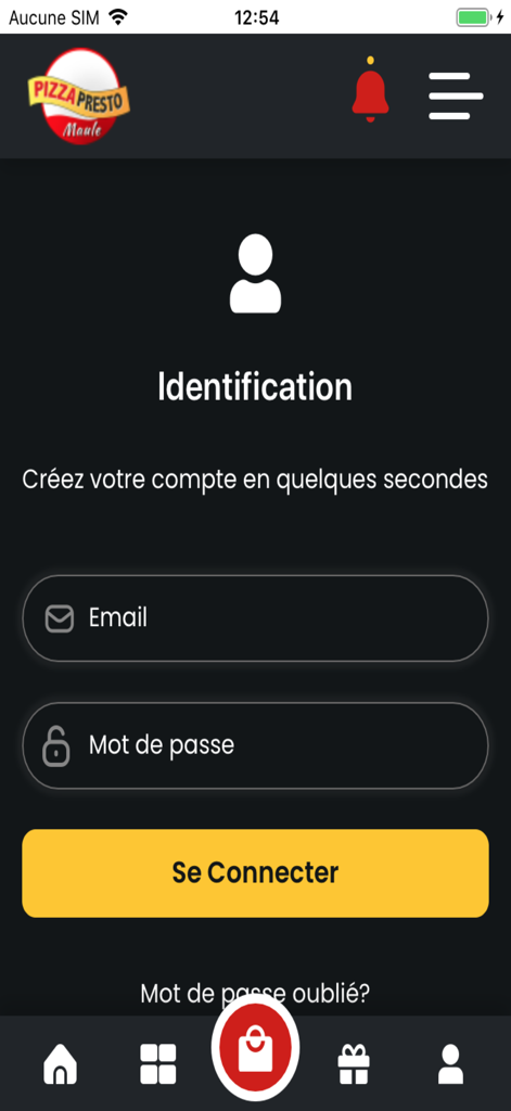 Écran de connexion et d'identification du compte de l'application Pizza Presto Maule avec des champs email et mot de passe.