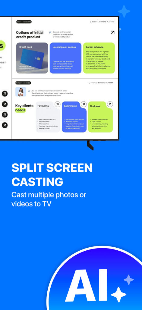 MultiCast - Cast to TV - MultiCast app interface showing split-screen casting of a business presentation on a smart TV