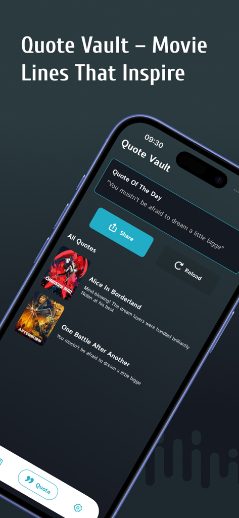 A smartphone displaying the Quote Vault feature in the Neat Bill app showing a daily movie quote and a collection of saved film lines