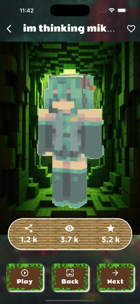 Skins for Minecraft PE - MCPE - A preview of a Miku anime skin in the Skins for Minecraft PE app showing user stats and navigation buttons