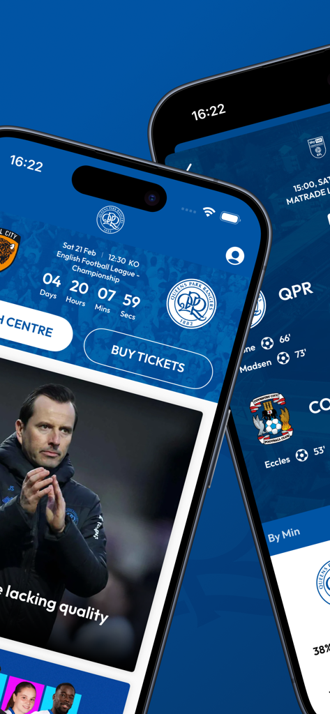 クイーンズ・パーク・レンジャーズFC公式モバイルアプリが、試合詳細とライブスコアを表示しています