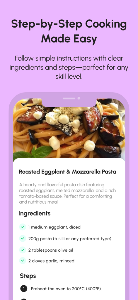 FridgeGuru: Instant Recipes - Pantalla móvil de la aplicación FridgeGuru que muestra una receta de pasta de berenjena asada y mozzarella con ingredientes detallados y pasos de cocción