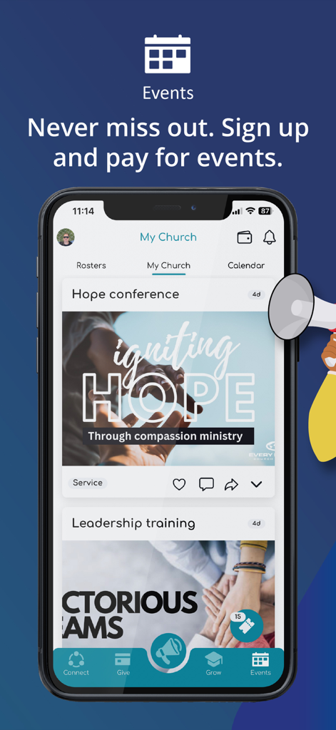 Avance - Avance mobile app interface showing church events feed with sign up and payment options