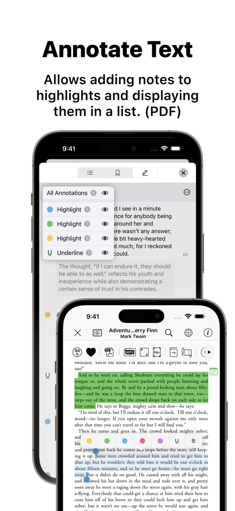 Booklover app showing PDF text annotation and highlights list