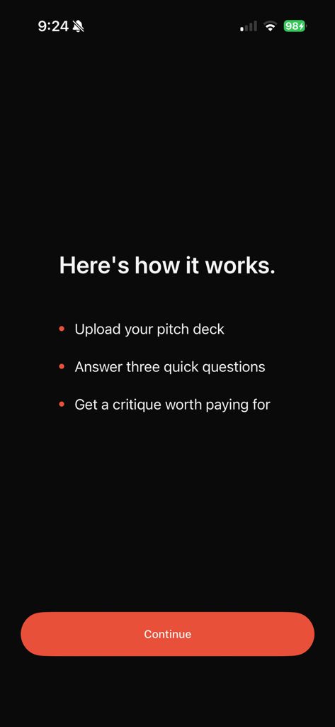 Crit: AI Design Advisor - Tela de integração do aplicativo Crit AI explicando as três etapas para receber feedback profissional sobre o pitch deck.