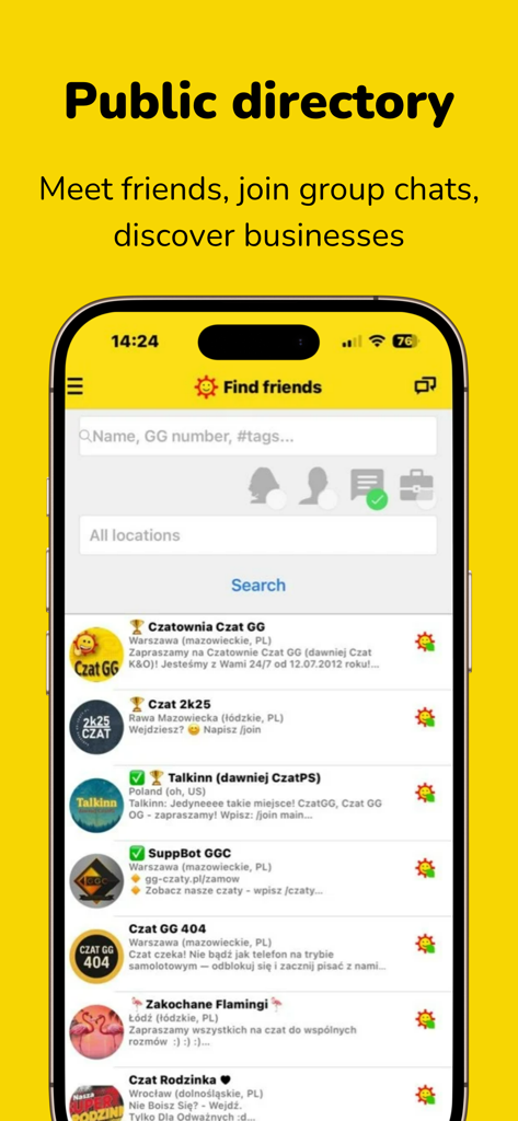 GG - Screenshot of the GG app showing the public directory and search interface for finding friends and group chats