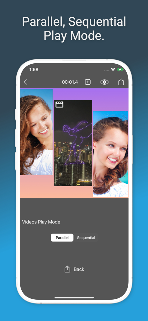Video Collage Maker: Pic Mix - Interface of Video Collage Maker showing options for parallel and sequential playback modes.