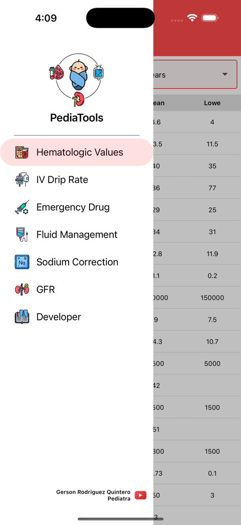 Screenshot of the PediaTools app showing the sidebar navigation menu with various pediatric clinical tools including Hematologic Values, IV Drip Rate, and Fluid Management