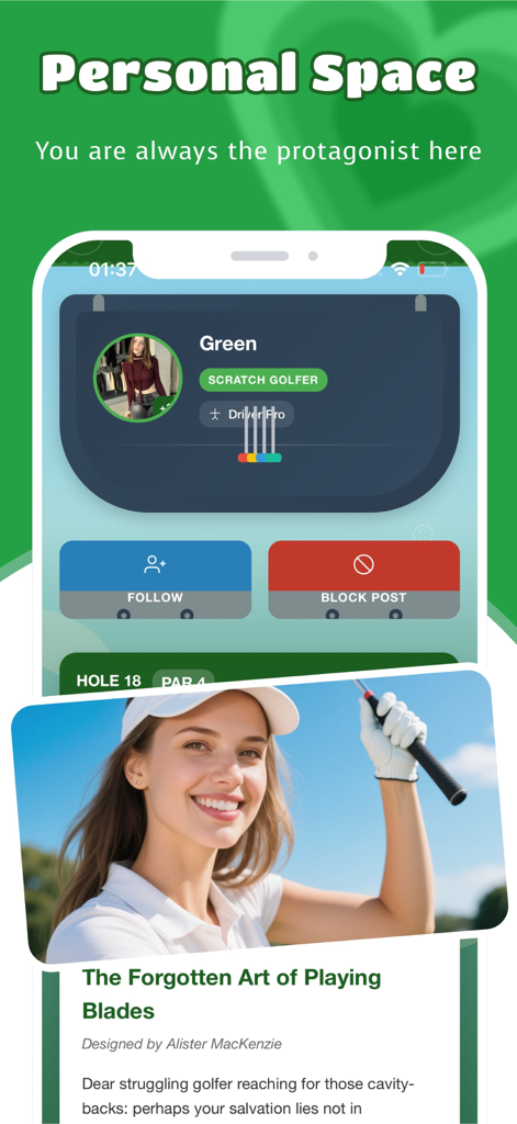 Ein Screenshot der Huro- und Forge-App, der den Personal Space-Bildschirm mit einem Golferprofil, Social-Buttons und einem vorgestellten Artikel über die Kunst des Spiels mit Blades anzeigt.