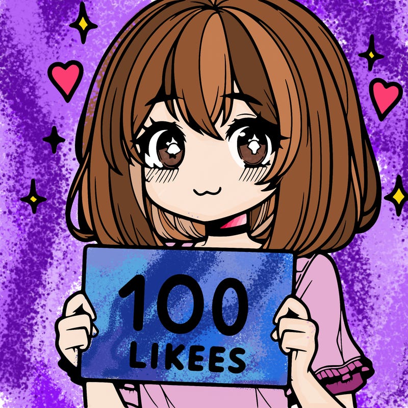 anima girl holding a 100 likes sign in her hand