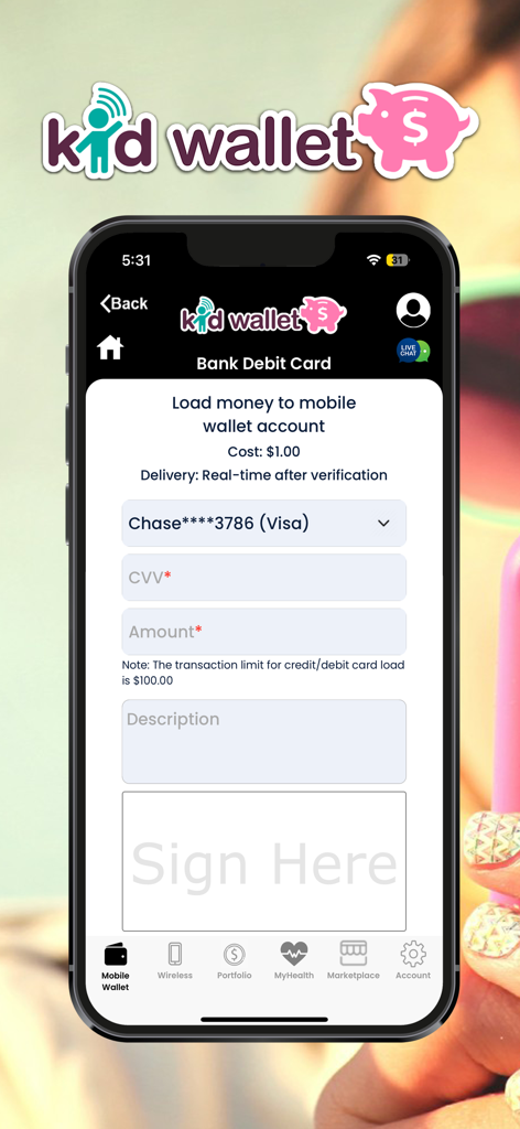 Kid Wallet - Screenshot of the Kid Wallet app showing the screen to load money from a bank debit card into a mobile wallet account.