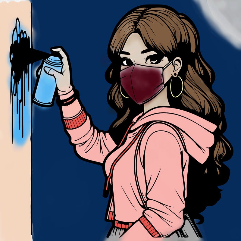realistic girl with mask spray painting a wall