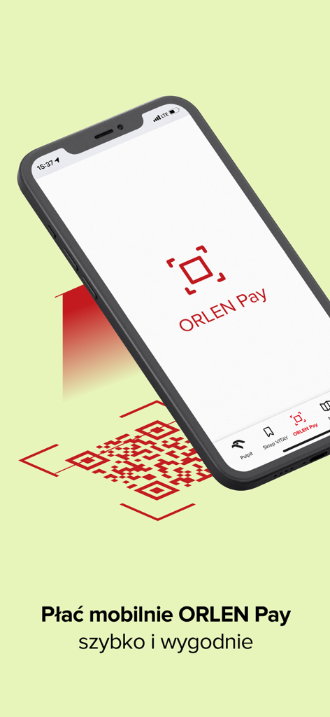 ORLEN VITAY - Pantalla de smartphone que muestra la función de pago móvil ORLEN Pay con un escáner de código QR.