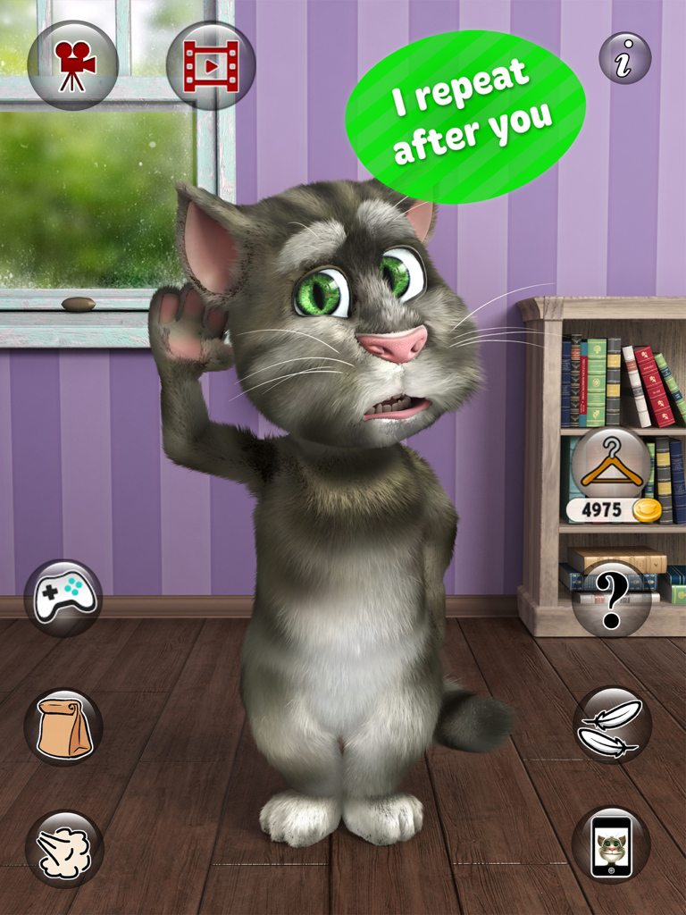 Talking Tom Cat 2 for iPad - 「後で繰り返すよ」と書かれた吹き出しと共に聞いているTalking Tom Cat 2のキャラクター