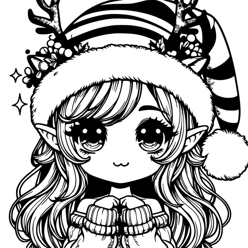 realistic cute girl elf with santa hat and reindeer horns