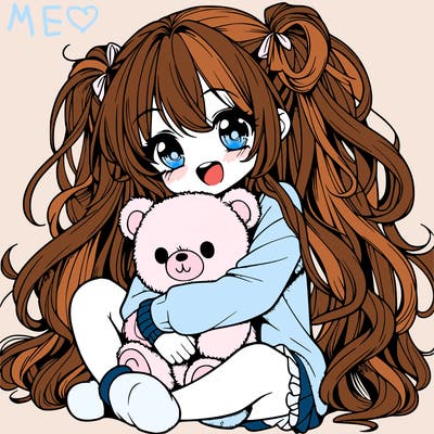 manga girl, long curly hair, happy, cuddling a teddy bear