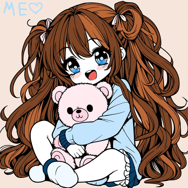 manga girl, long curly hair, happy, cuddling a teddy bear