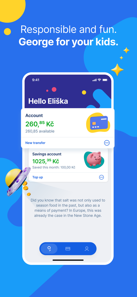 Interfaccia dell'app mobile George per bambini che mostra il saldo del conto e i risparmi di un bambino con grafiche giocose e consigli finanziari
