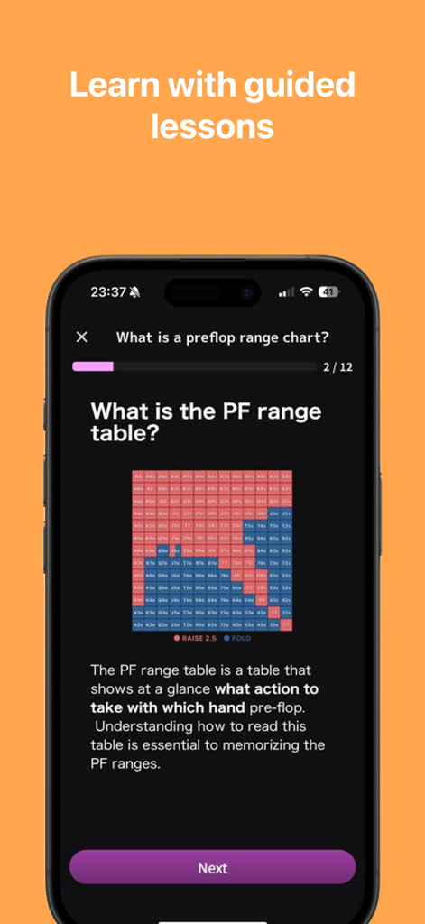 NTPoker – GTO Poker Trainer - A guided lesson screen in the NTPoker app explaining preflop range charts with a strategy table