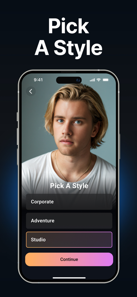 AI Headshot Photo Generator - A mobile app interface titled Pick A Style showing options for Corporate Adventure and Studio headshot styles