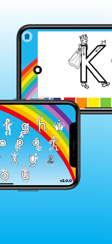 Capturas de pantalla de la aplicación móvil para Letterland Rainbow Writing que muestran pantallas de trazado y selección de caracteres del alfabeto