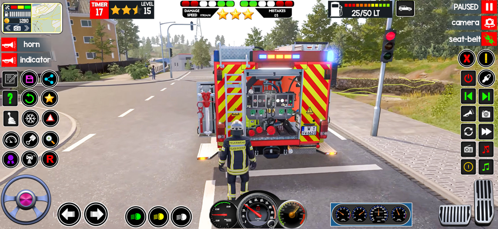 Rescue Squad Firestorm Mission - A firefighter standing behind a fire truck with open equipment compartments in a suburban street setting