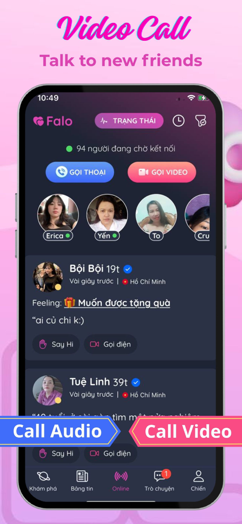 Falo: Dating Video Chat - Interface of the Falo dating app showing user profiles and buttons for video and audio calls