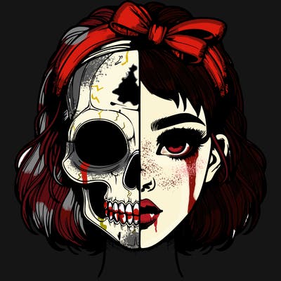 realistic girl with half skull mask