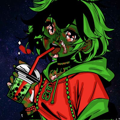 hot baddie anime girl drinking boba and biting the straw