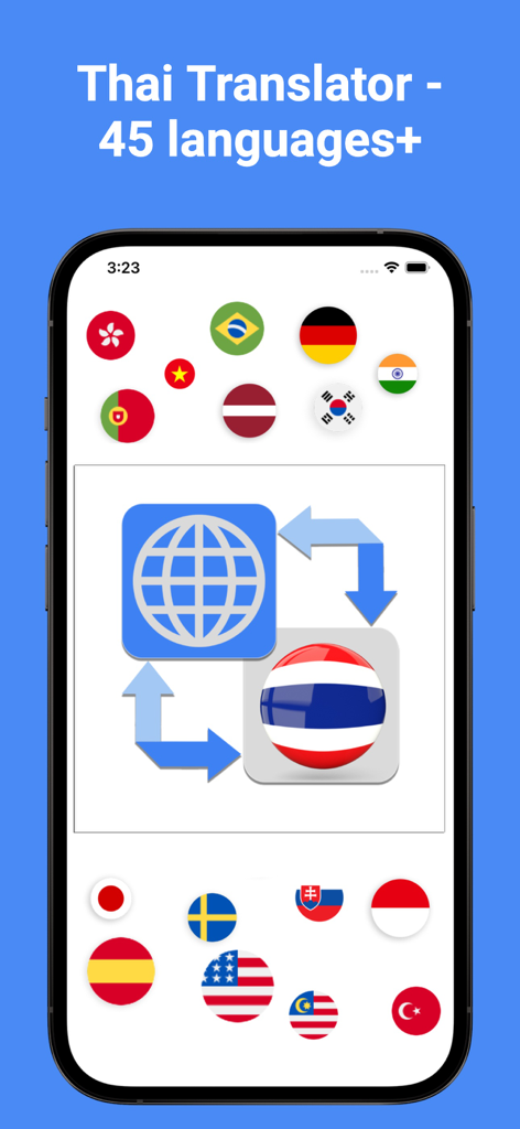 タイ国旗と様々な国際的な旗の間で翻訳を示すThaiGoアプリのインターフェース