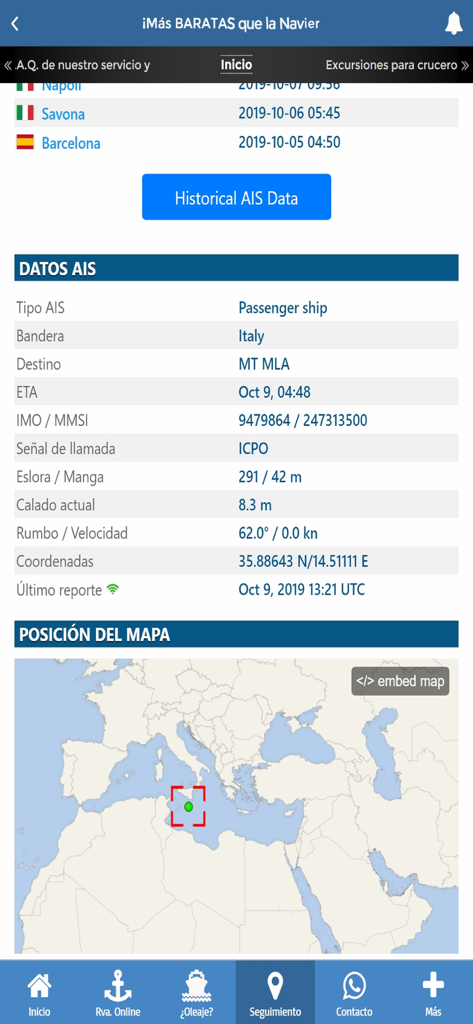 Real-time cruise ship tracking interface showing AIS data and ship position on a map