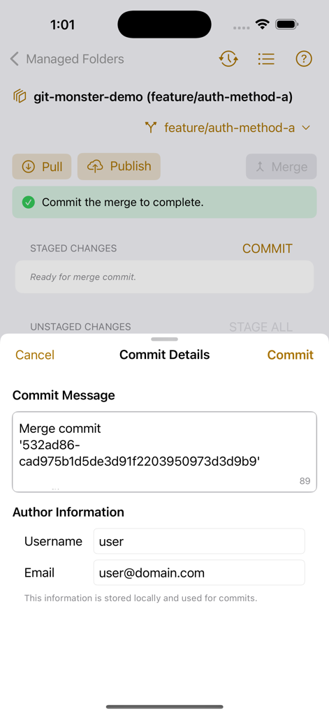 Weee: The Git Monster - Commit details screen in the Weee Git Monster app showing fields for commit message and author information.