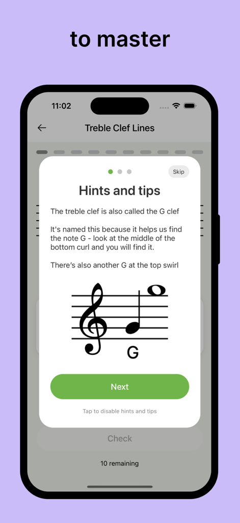 Piano Sheet Notes - Educational screen in the Piano Sheet Notes app explaining treble clef and note G identification