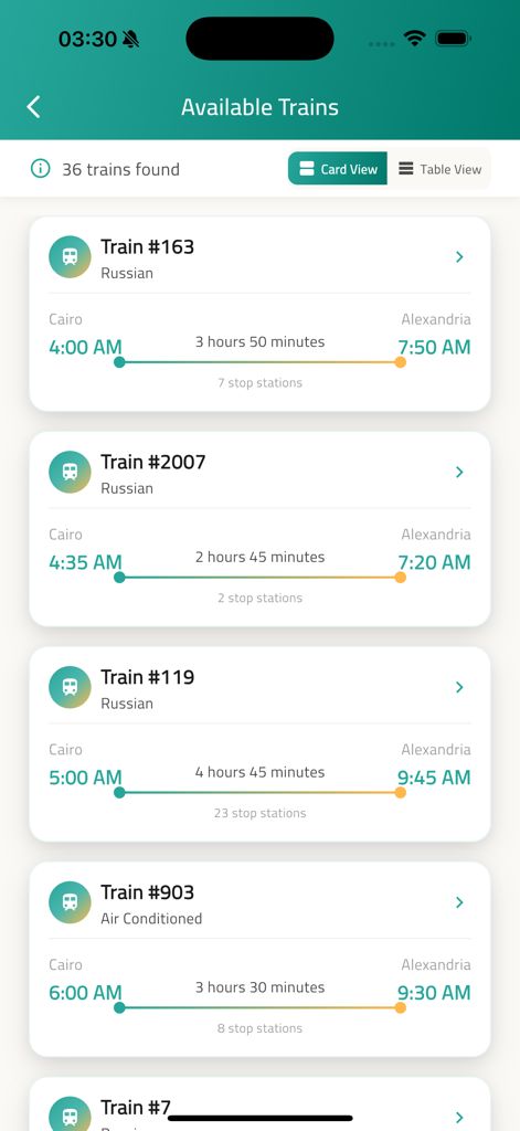 Search results showing available trains between Cairo and Alexandria with departure and arrival times.