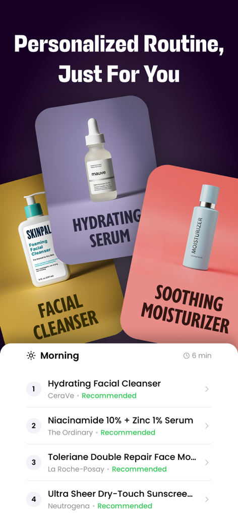SkinPal AI: Skin Care Scanner - A mobile app interface displaying a personalized morning skincare routine with recommended products like facial cleanser, serum, and moisturizer.
