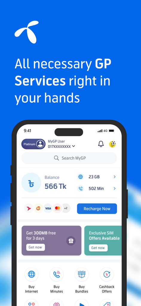 MyGP Bangladesh mobile app dashboard displaying account balance and telecom services