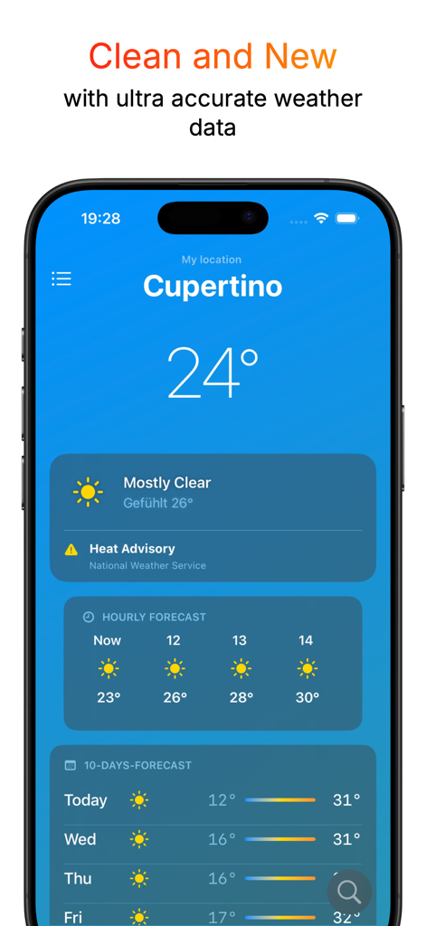 SmartWeather - Modern and clean interface of the SmartWeather app on an iPhone displaying a 24 degree temperature and detailed weather forecast.