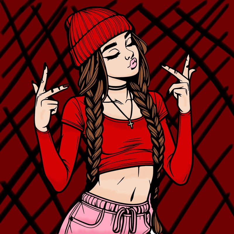 realistic teenage girl with braids and a beanie and crop top doing 🫶🏼