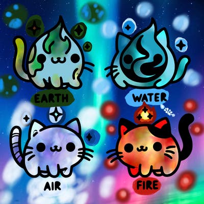 4 cats that represent the different elements, earth, water, air, and fire