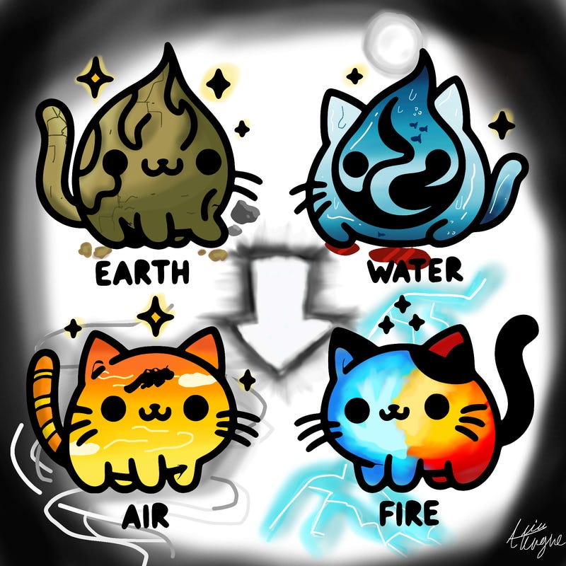 4 cats that represent the different elements, earth, water, air, and fire