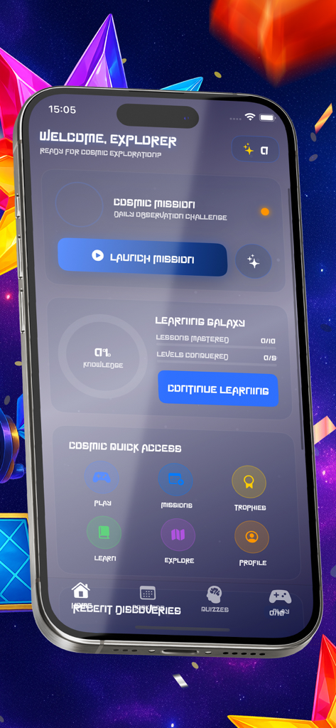WinStar Universe - Main menu of the WinStar Universe app on an iPhone showing cosmic missions and educational progress